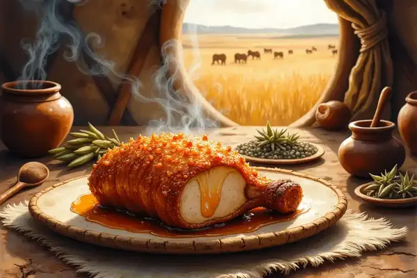 Gebratenes Scythisches Barometz-Lamm mit Honigkruste auf einer Steinplatte