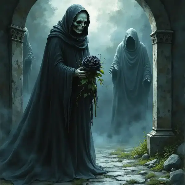 Ein verfluchter Mann mit Totenkopf in einer Gruft, umgeben von Geisterschatten und Staub.