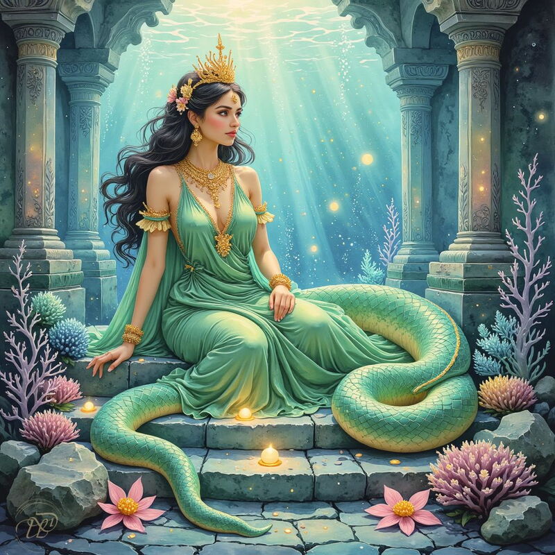 Eine majestätische Naga mit dem Oberkörper einer Frau und einem langen, grünen Schlangenschwanz sitzt auf den Steinstufen eines versunkenen Tempels. Sie trägt eine goldene Krone und ein grünes Gewand, während Lichtstrahlen durch das Wasser auf sie scheine