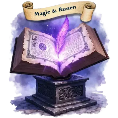 Ein uraltes, aufgeschlagenes Grimoire auf einem Steinsockel, aus dem lila magische Energie und eine schwebende Feder aufsteigen.