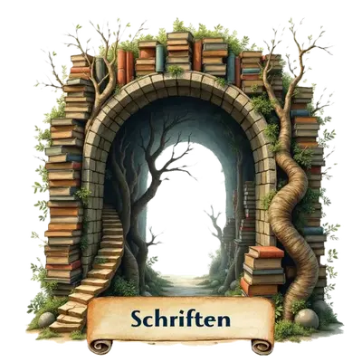 Steinbogen aus Büchern und Bäumen mit Steintreppe; im Vordergrund ein Pergament-Banner mit der Aufschrift Das Archiv.