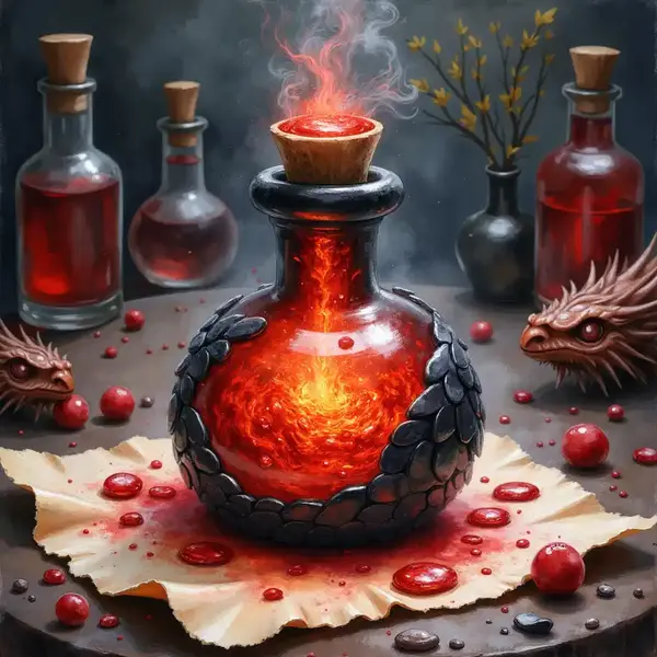 Mit schwarzen Schuppen verzierte Phiole, in der das glühende Drachenzorn-Elixier wie Magma wirbelt und raucht.