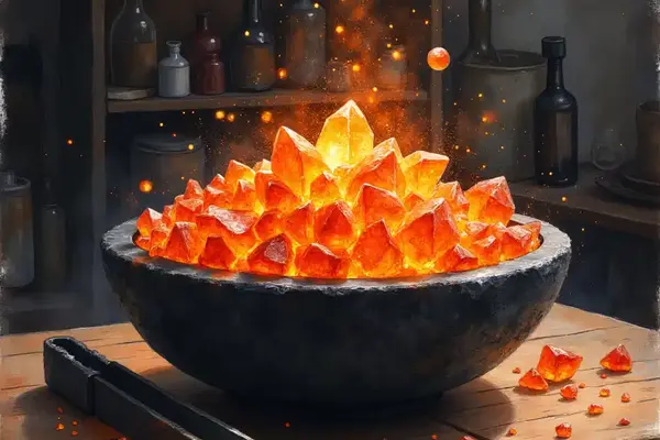 Leuchtende orange Feuersalze in einer Steinschale auf einem Alchemie-Tisch.