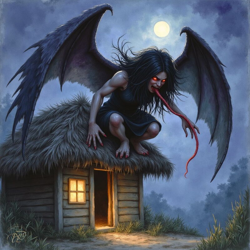 Die Aswang, eine Dämonin mit schwarzen Fledermausflügeln, hockt bei Vollmond auf dem Strohdach einer Holzhütte. Sie hat wildes Haar, leuchtend rote Augen und streckt eine extrem lange, dünne Zunge aus ihrem Mund.