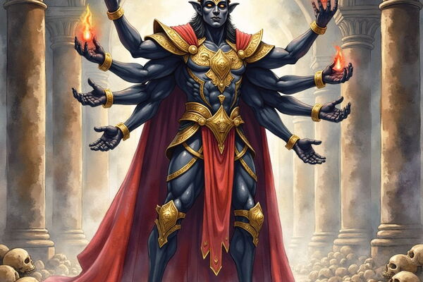 Ein mächtiger, blauhäutiger Rakshasa-König mit acht Armen, goldener Rüstung und einer Krone steht in einer Säulenhalle. In seinen oberen Händen hält er Flammen, während zu seinen Füßen Haufen von Schädeln und Knochen liegen.