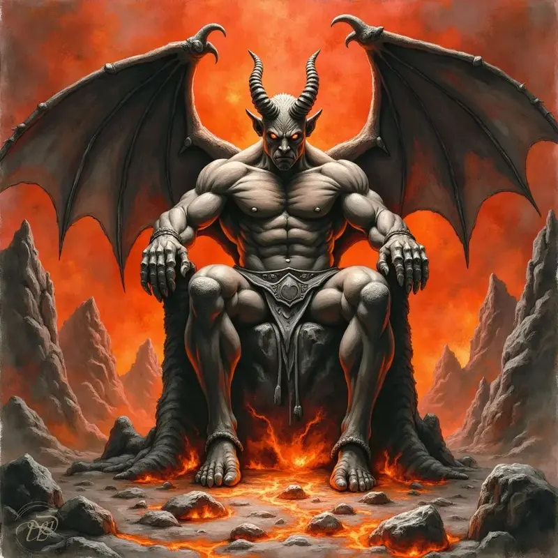 Ein muskulöser Teufel mit grauer Haut, leuchtend roten Augen und großen Fledermausflügeln sitzt auf einem Thron aus schwarzem Fels. Er befindet sich in einer höllischen Landschaft mit rissigem Boden, aus dem Lava strömt.
