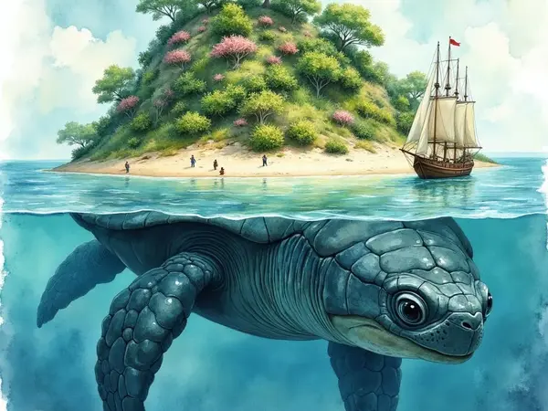 Eine riesige Meeresschildkröte, die Aspidochelone, schwimmt unter Wasser, während ihr Rücken eine bewaldete Insel bildet, auf der kleine menschliche Figuren stehen. Neben der lebenden Insel ankert ein historisches Segelschiff.