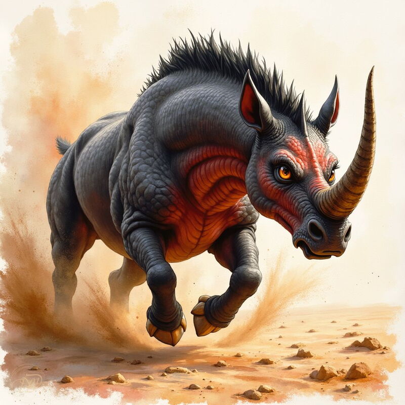 Ein imposantes Karkadann mit dunkler, schuppiger Haut und leuchtend rotem Bauch und Kopf, das durch eine staubige Wüste stürmt. Sein einzelnes, spitzes Horn ragt bedrohlich empor, während goldene Augen intensiv blicken.