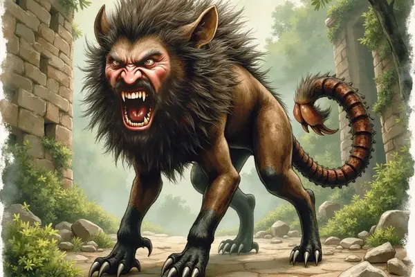 Ein furchteinflößender Mantikor mit dem Körper eines Löwen, dem Gesicht eines zornigen Mannes, einer stacheligen Mähne und einem Skorpionschwanz steht aggressiv auf einem steinernen Pfad zwischen Ruinen.