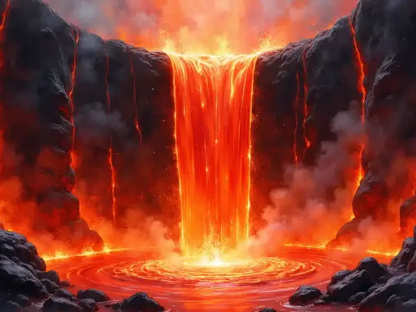 Ein gewaltiger Fall aus Feuer und kochendem Blut stürzt in der Unterwelt hinab und umschließt den dunklen Tartaros.