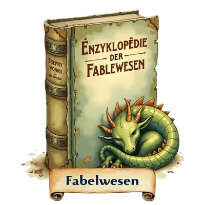 Ein grüner, schlafender Drache lehnt an einem großen, antiken Buch mit der Aufschrift Enzyklopädie der Fabelwesen.