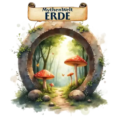Rundes Steinportal mit Blick in einen sonnigen Wald mit riesigen Fliegenpilzen; Banner zeigt Fantasywelt Erde.