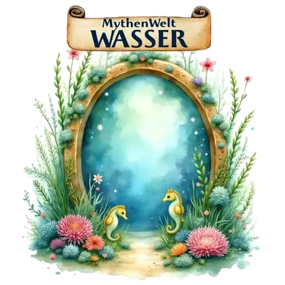 Rundes Portal gerahmt von Algen und Korallen mit zwei Seepferdchen; oben ein Banner mit der Aufschrift Fantasywelt Wasser.