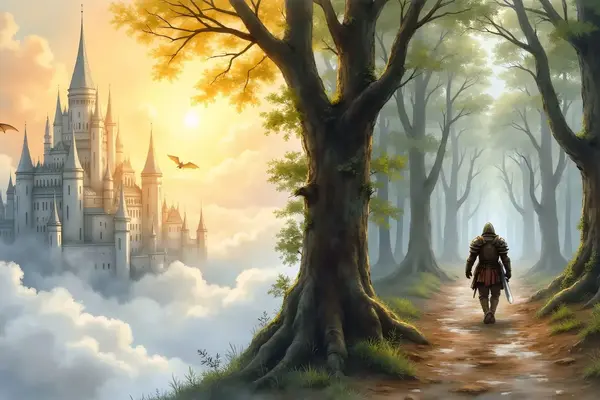 Kontrast zwischen einer strahlenden Fantasiestadt und einem schlammigen Pfad als Symbol für High und Low Fantasy.