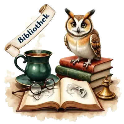 Eine Eule auf einem Bücherstapel neben einer Teetasse und einem aufgeschlagenen Buch; Banner mit Aufschrift Bibliothek.