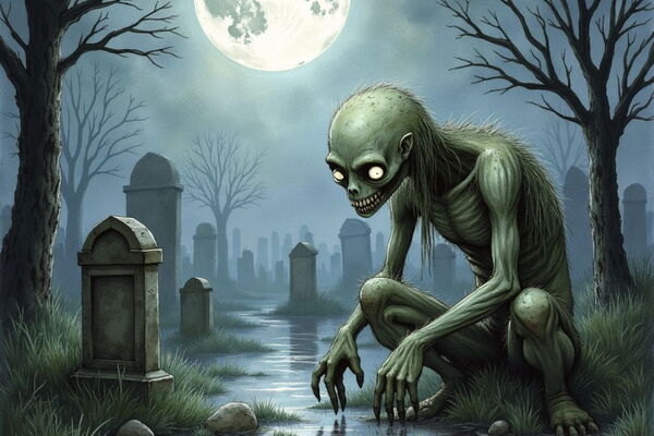 Ein hagerer, grünlicher Ghul mit leuchtenden Augen und scharfen Zähnen kauert bei Vollmond auf einem überfluteten Friedhof zwischen kahlen Bäumen und Grabsteinen.