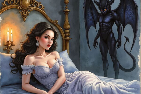 Eine Sukkubus in Gestalt einer schönen Frau mit langen schwarzen Haaren liegt in einem eleganten Kleid auf einem Bett. Im Schatten hinter ihr steht ihre wahre dämonische Form: eine geflügelte Kreatur mit leuchtenden Augen.