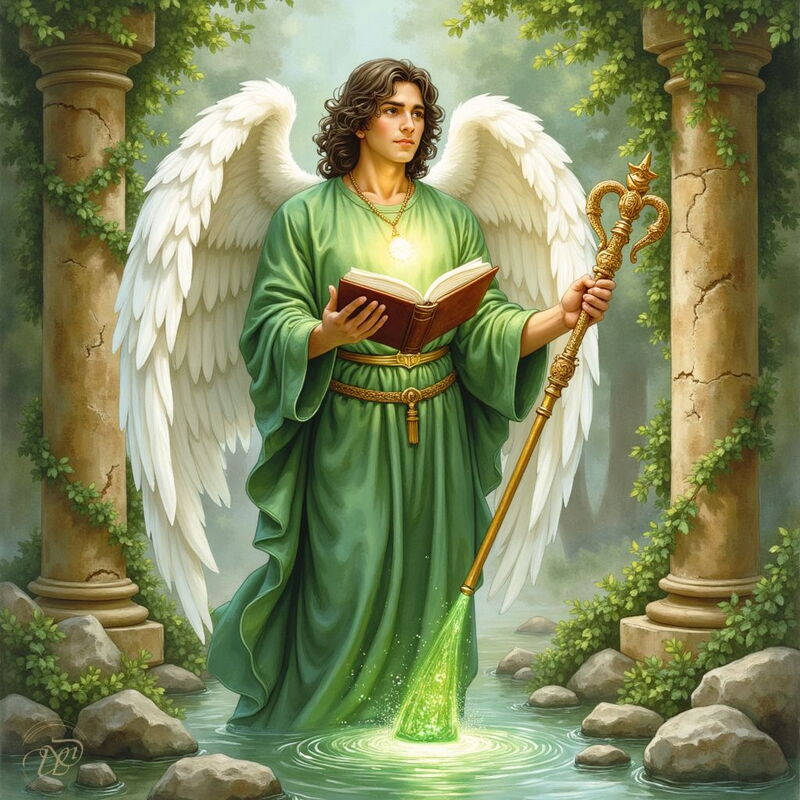 Erzengel Raphael in grünen Gewändern mit weissen Flügeln steht in einem heiligen Wasserbecken. Er hält ein leuchtendes Buch und einen goldenen Stab, mit dem er das Wasser in ein heilendes grünes Licht taucht.