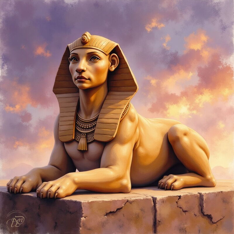ine majestätische, ägyptische Sphinx mit dem Körper eines Löwen und dem Kopf eines Pharaos liegt auf einem Steinsockel. Sie trägt einen Nemes-Kopfschmuck und blickt mit weisem Ausdruck in die Ferne, während hinter ihr ein Abendhimmel in lila und orange le