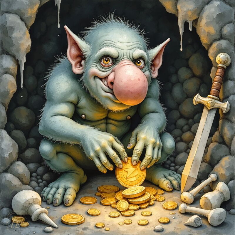 Ein gierig lächelnder Höhlentroll mit grosser, rosa Nase und spitzen Ohren hockt in seiner Grotte. Er zählt einen Haufen Goldmünzen, während neben ihm ein Schwert im Boden steckt und Knochen verstreut liegen.