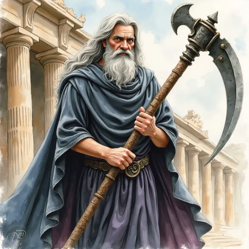 Der Titan Kronos als alter Mann mit langem weissem Bart und Haar, der in eine dunkle Robe gekleidet ist und vor einem antiken Tempel steht, während er eine grosse Sense mit beiden Händen hält.