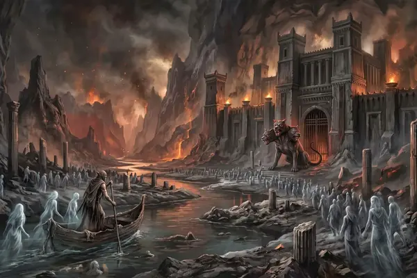 Charon fährt Seelen über den Styx ins Hades Totenreich, das von Kerberos bewacht wird.