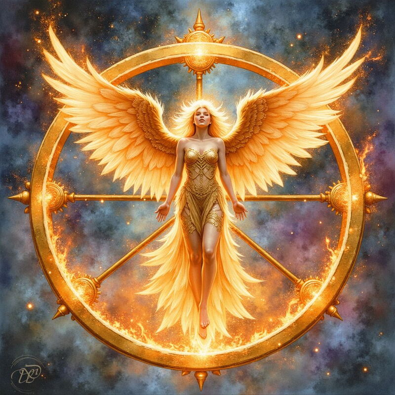 Ein Engel der Throne, dargestellt als Frau mit goldenen Flügeln, schwebt im Zentrum eines riesigen, brennenden Rades. Sie befindet sich vor einem kosmischen Sternenhimmel und symbolisiert göttliche Gerechtigkeit.