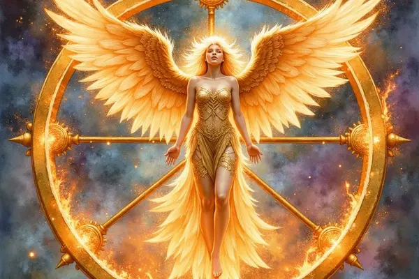 Ein Engel der Throne, dargestellt als Frau mit goldenen Flügeln, schwebt im Zentrum eines riesigen, brennenden Rades. Sie befindet sich vor einem kosmischen Sternenhimmel und symbolisiert göttliche Gerechtigkeit.