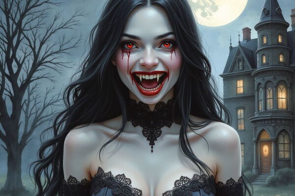 Eine Vampirin mit langen schwarzen Haaren, leuchtend roten Augen und blutigen Tränen grinst und zeigt ihre spitzen Fänge. Im Hintergrund stehen eine unheimliche Villa und ein kahler Baum vor dem Vollmond.