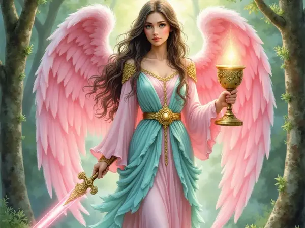 Erzengel Chamuel als anmutige Frau mit langen braunen Haaren und grossen rosa Engelsflügeln in einem lichten Wald. Sie trägt ein rosa-türkises Kleid und hält in ihren Händen einen leuchtenden Kelch und ein glänzendes rosa Schwert.