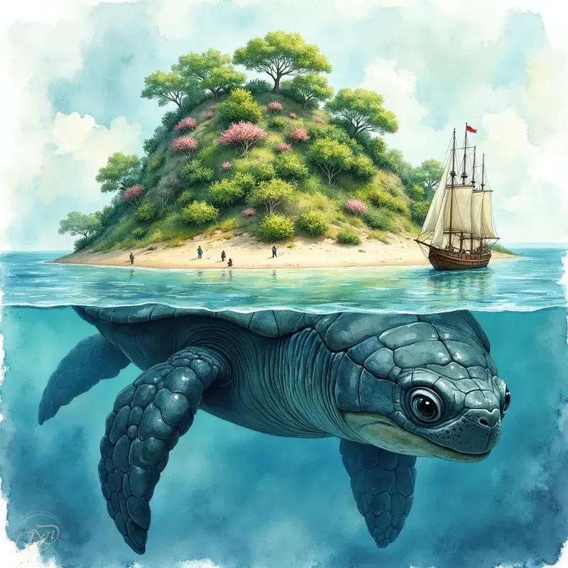 Eine riesige Meeresschildkröte, die Aspidochelone, schwimmt unter Wasser, während ihr Rücken eine bewaldete Insel bildet, auf der kleine menschliche Figuren stehen. Neben der lebenden Insel ankert ein historisches Segelschiff.