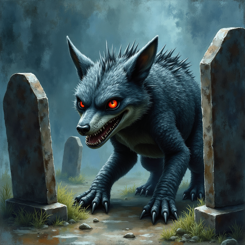 Eine wolfsähnliche Kreatur mit stacheligem Rücken, leuchtend roten Augen und scharfen Zähnen schleicht zwischen zwei Grabsteinen auf einem unheimlichen Friedhof.
