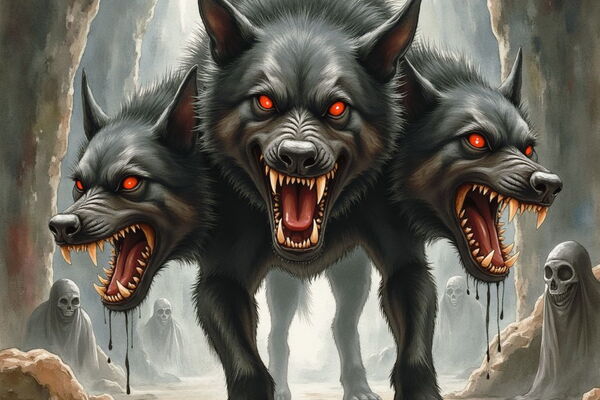 Ein furchteinflößender, schwarzer, dreiköpfiger Hund mit leuchtend roten Augen und entblößten Reißzähnen bewacht den felsigen, blutbefleckten Eingang zur Unterwelt, während im Hintergrund geisterhafte Gestalten lauern.