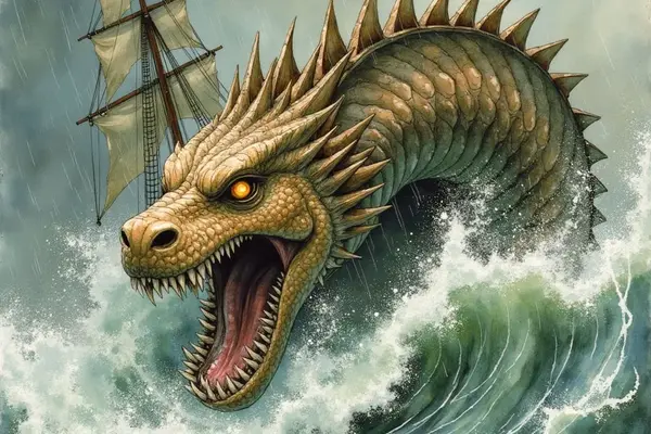 Eine riesige, drachenähnliche Seeschlange mit leuchtend gelben Augen und stacheligem Rückenkamm bricht mit weit aufgerissenem Maul aus den Wellen eines stürmischen Meeres hervor. Im Hintergrund ist ein großes Segelschiff im Regen zu erkennen.