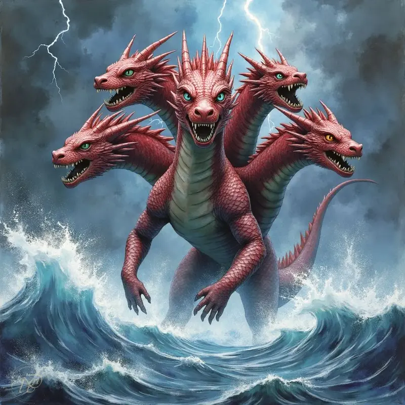 Die fünfköpfige, rote Drachengöttin Tiamat erhebt sich aus einem stürmischen, peitschenden Meer. Blitze zucken am dunklen Himmel über ihr, während sie mit aufgerissenen Mäulern ihre Macht demonstriert.