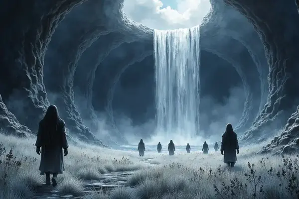 Die spiralförmige Unterwelt des Hades mit dem Fluss Styx und Feldern aus schwarzen Lilien.