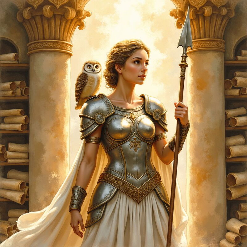 Die griechische Göttin Athene in einer antiken Bibliothek, umgeben von Säulen und Schriftrollen. Sie trägt eine kunstvolle, silberne Rüstung über einem weißen Gewand, hält einen langen Speer in der linken Hand und auf ihrer Schulter sitzt eine Eule, ihr S