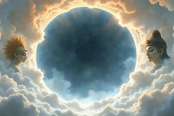 Profile von ägyptischen Göttern, Buddha und Gottheiten vor einem kosmischen Kreis im Lexikon der Götter.