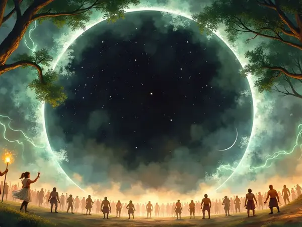 Elfen und Fantasievölker vor einer riesigen schwarzen Sphäre im Wald, flankiert von rituellen Feuern und magischen Blitzen.