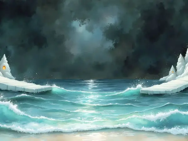 Weiße Muschelpaläste an der Küste einer magischen Wasserwelt mit sanften Wellen und einem aufziehenden Sturm.