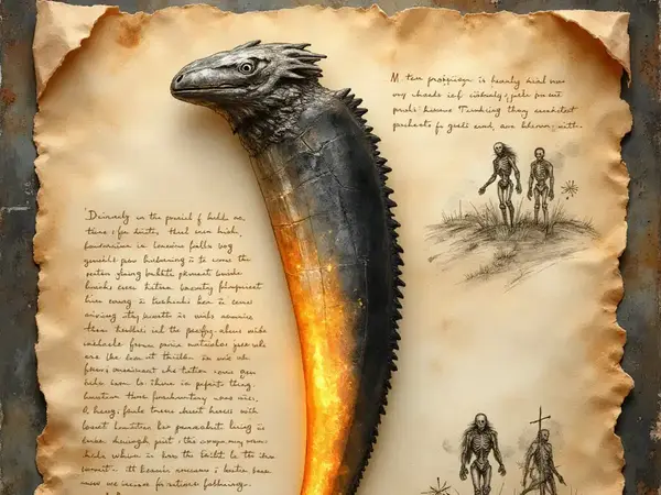 Geschwungener Drachenzahn auf Pergament, dessen Spitze wie Glut leuchtet, neben Skizzen von Skelett-Kriegern.