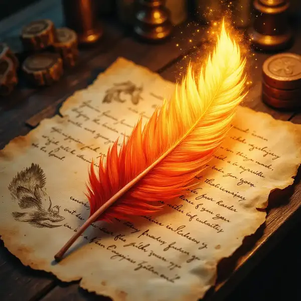 Eine glühende Phönixfeder auf einem alten Pergament mit magischen Skizzen.