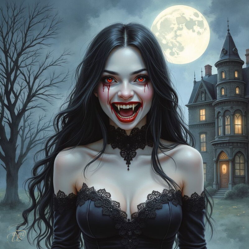 Eine Vampirin mit langen schwarzen Haaren, leuchtend roten Augen und blutigen Tränen grinst und zeigt ihre spitzen Fänge. Im Hintergrund stehen eine unheimliche Villa und ein kahler Baum vor dem Vollmond.