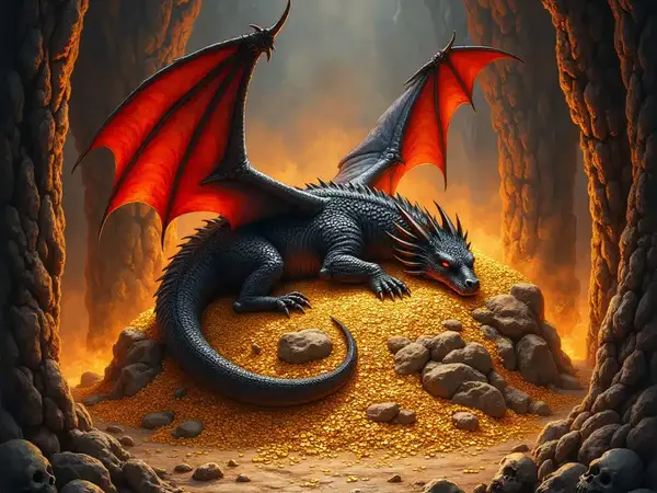 Der rauchende Drachenhort mit schlafendem Ungeheuer auf einem Bett aus glänzendem Gold.