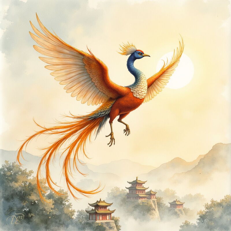 Ein farbenprächtiger Fenghuang, ein mythischer chinesischer Vogel, fliegt mit weit ausgebreiteten, orangefarbenen Flügeln am leuchtenden Himmel. Unter ihm erstreckt sich eine neblige Berglandschaft mit traditionellen Pagoden.