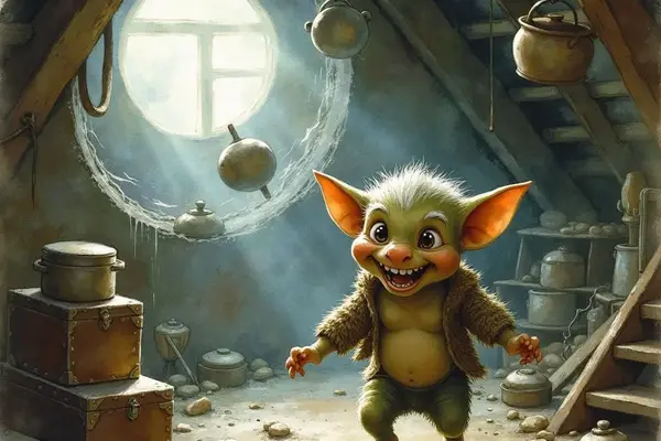 Ein kleiner, schelmisch grinsender Kobold mit grossen Ohren und zotteligem Haar tanzt auf einem staubigen Dachboden. Lichtstrahlen von einem runden Fenster erhellen den Raum, der voller alter Töpfe und Kisten ist.