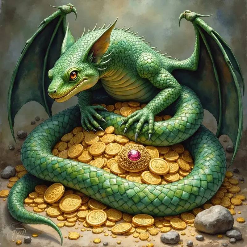 Ein gruener, schlangenartiger Lindwurm mit zwei Beinen und Fluegeln liegt zusammengerollt auf einem grossen Haufen Goldmuenzen und bewacht einen Schatz mit einem zentralen, roten Edelstein.