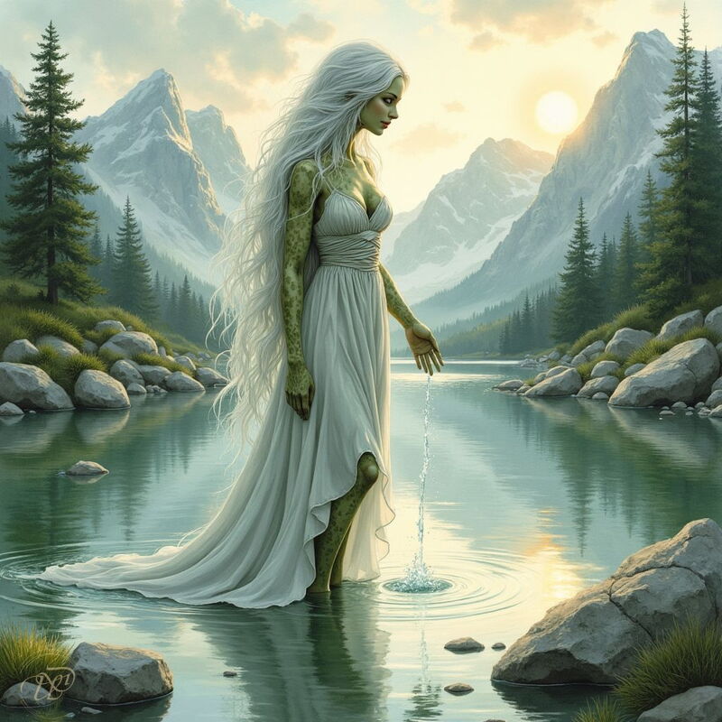 Eine anmutige Oreade mit langen, weissen Haaren und einem berggrauen Kleid steht in einem klaren Bergsee. Sie lässt Wasser durch ihre Hand fliessen, während sich im Hintergrund eine majestätische Gebirgslandschaft erhebt.