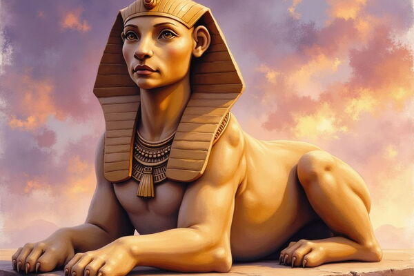 ine majestätische, ägyptische Sphinx mit dem Körper eines Löwen und dem Kopf eines Pharaos liegt auf einem Steinsockel. Sie trägt einen Nemes-Kopfschmuck und blickt mit weisem Ausdruck in die Ferne, während hinter ihr ein Abendhimmel in lila und orange le