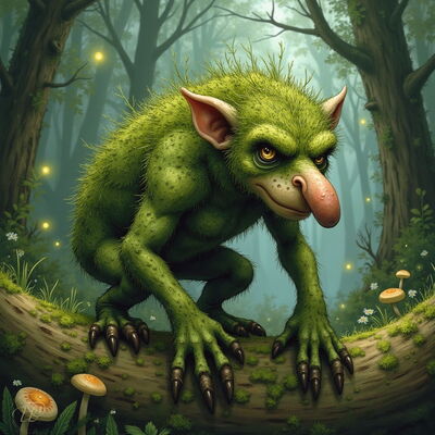 Ein hagerer, grüner Troll mit moosartigem Haar und einer langen Nase kriecht auf einem moosbewachsenen Ast. Er befindet sich in einem nebligen Wald, umgeben von Pilzen und leuchtenden Irrlichtern.